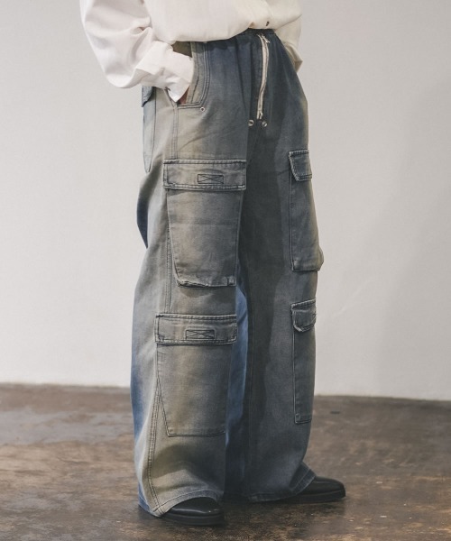 カーゴデニムパンツ　ブルー　サイズ0 ワンフォークロージング 1111clothing ◇バルーンカーゴ ライン