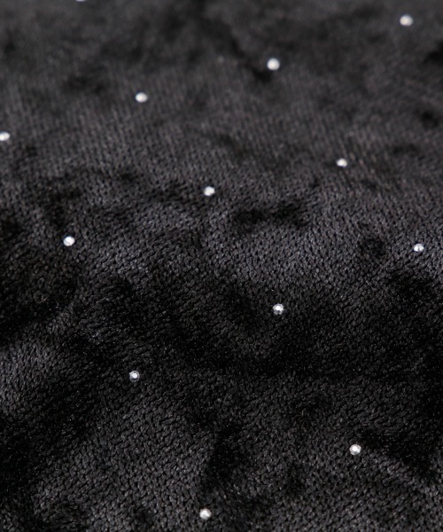 tシャツ ラインストーン付きシアーベロアボトルネックトップス