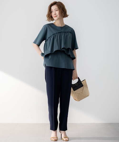 uvカット パンツ ストレッチジョーゼット テーパード パンツ レディースの画像