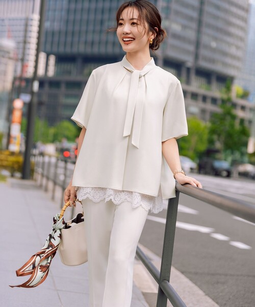 uvカット パンツ ストレッチジョーゼット テーパード パンツ レディースの画像