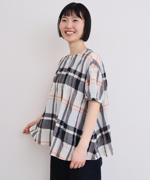 ブラウス シャツ 高島ちぢみbig check ふんわりブラウス レディース