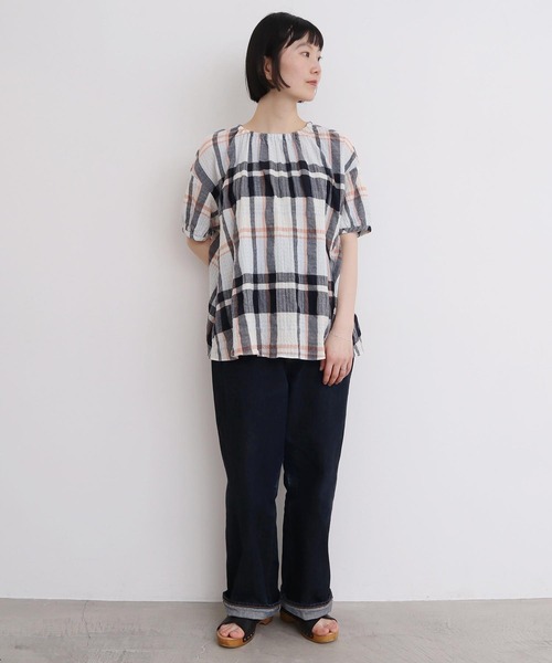 ブラウス シャツ 高島ちぢみbig check ふんわりブラウス レディース l'atelier du savon ブラウス シャツ 高島ちぢみbig check