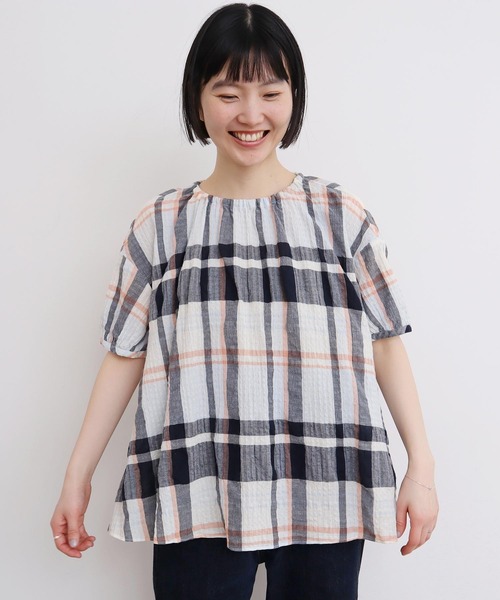 l'atelier du savon きちっとパッチワーク ネルチェックブラウス l'atelier du savon 》手描きチェックのパッチワークブラウス