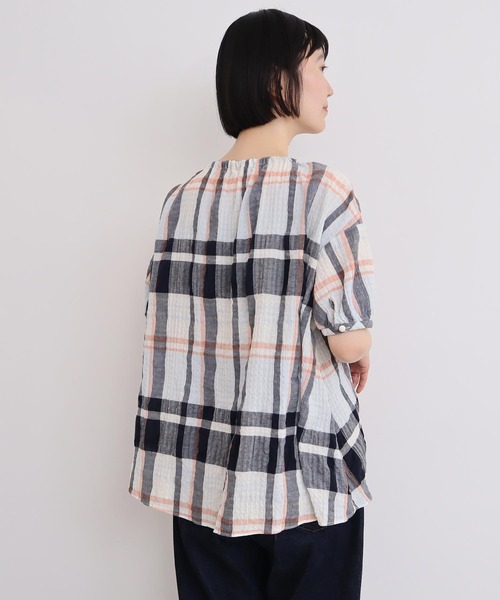 ブラウス シャツ 高島ちぢみbig check ふんわりブラウス レディース l'atelier du savon ブラウス シャツ 高島ちぢみbig check