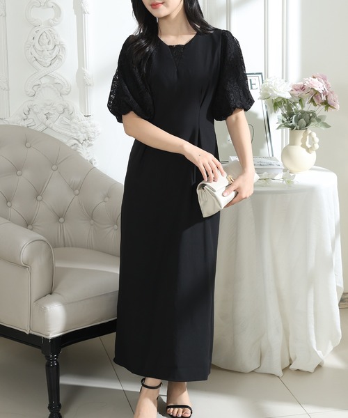 【新品未使用】TONAL パフスリーブドレス　ドッキングレースワンピース　M Lace Ladies（レースレディース） ワンピース フラワー レース