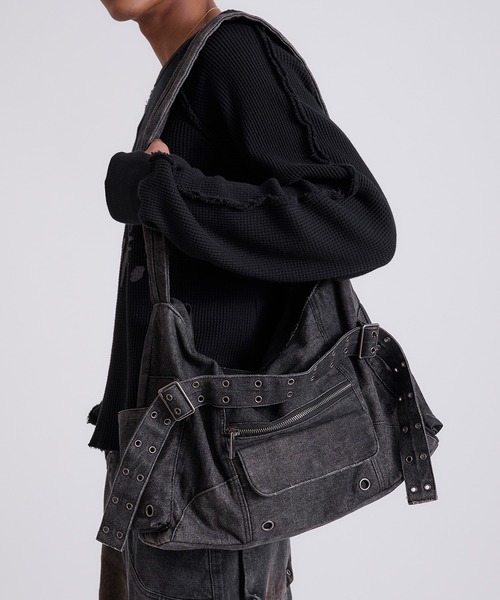 HAYAsupreme デニム ブラック ショルダーバッグ ANDER HUNK ショルダーバッグ Overdyed Denim Bag/オーバーダイ