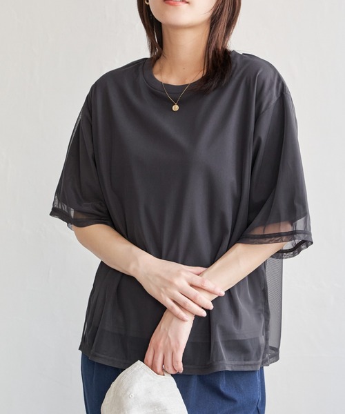 チュールレイヤードプルオーバートップス　チュール　シフォン　ブラック ikka tシャツ チュールレイヤードプルオーバー レディース