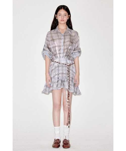 極美品★2024AW ルネ Checkered Dress ワンピース 38 Lace Ladies ワンピース ビッグカラー チェック柄 ドッキング