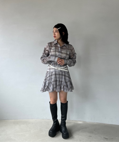 ワンピース シアーチェック柄 ロールアップ袖 ミニシャツ
