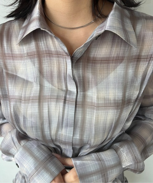 ワンピース シアーチェック柄 ロールアップ袖 ミニシャツワンピース