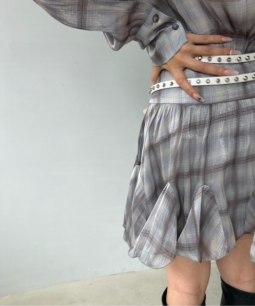 最終値下げブラウンチェック柄ミニワンピースBalloon Tunic ワンピース シアーチェック柄 ロールアップ袖 ミニシャツ