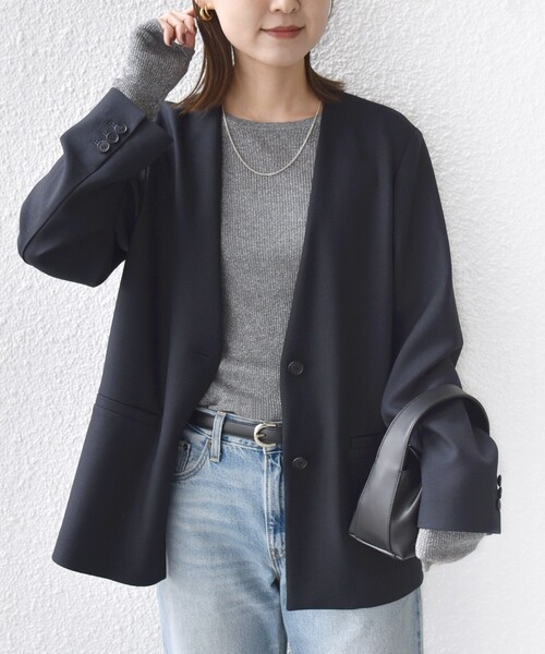 新品★シビラ★ブラック　軽量　ノーカラージャケット　ポリエステル 手洗い可 SHIPS（シップス） ジャケット ノーカラージャケット 「手洗い可能