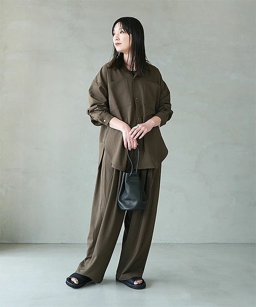 ワイドパンツ パンツ ポリスパンワイドパンツ レディースの画像