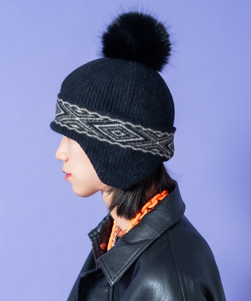 ニット帽 ニットキャップ an meets zakka ネイティブ柄ワイドライン
