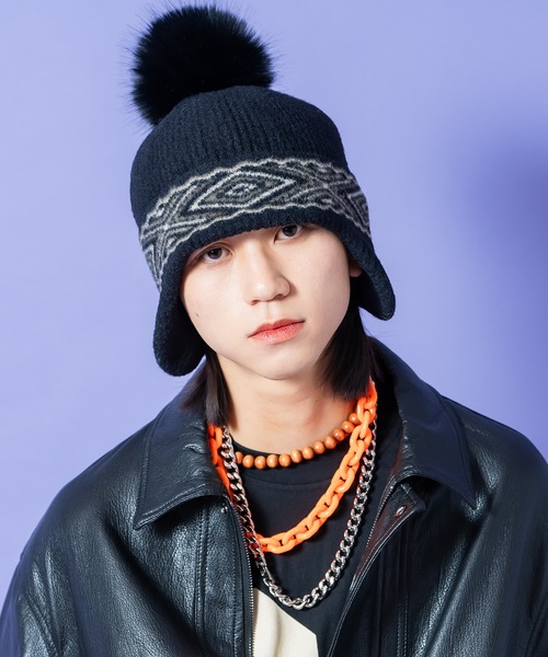 ニット帽 ニットキャップ an meets zakka ネイティブ柄ワイドライン