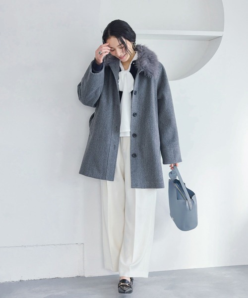 VIS（ビス） ステンカラーコート コート ファー付きAラインステン