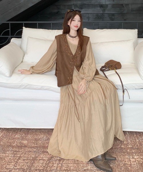 2ly2 ワンピース ふんわりギャザー ティアードロングワンピース