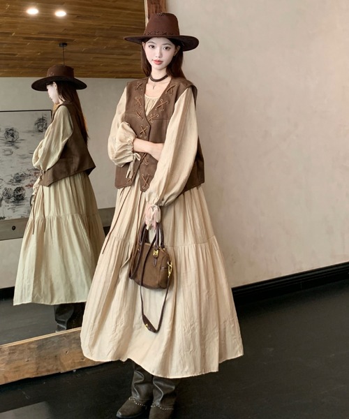 【Denio】最新作❣️ロングワンピース✨ベージュ 2ly2 ワンピース ふんわりギャザー ティアードロングワンピース