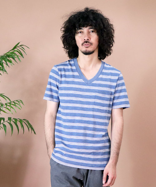 専用！45rpm、ペイズリーのニットＴシャツ(インディゴ)、サイズ２、未使用！ Healthknit（ヘルスニット） tシャツ ∴「 」 インディゴスラブVネック