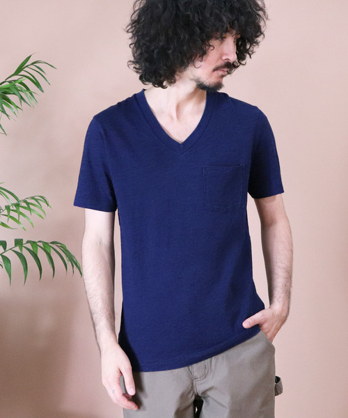 専用！45rpm、ペイズリーのニットＴシャツ(インディゴ)、サイズ２、未使用！ Healthknit（ヘルスニット） tシャツ ∴「 」 インディゴスラブVネック