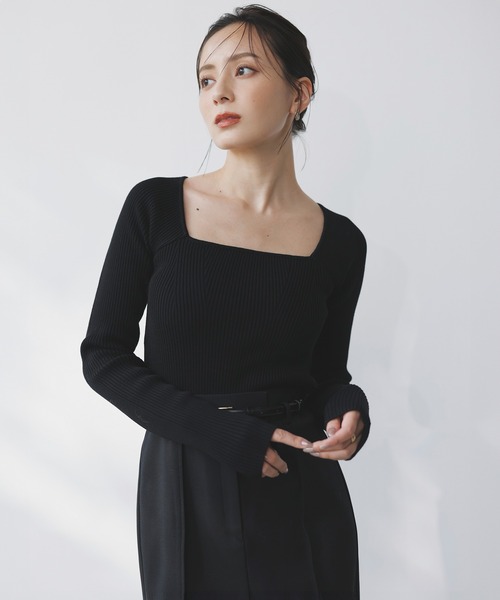 anuans カシミヤブレンドデコルテリブニットプルオーバー （BLACK） アニュアンス anuans カシミヤブレンドデコルテリブニットプル