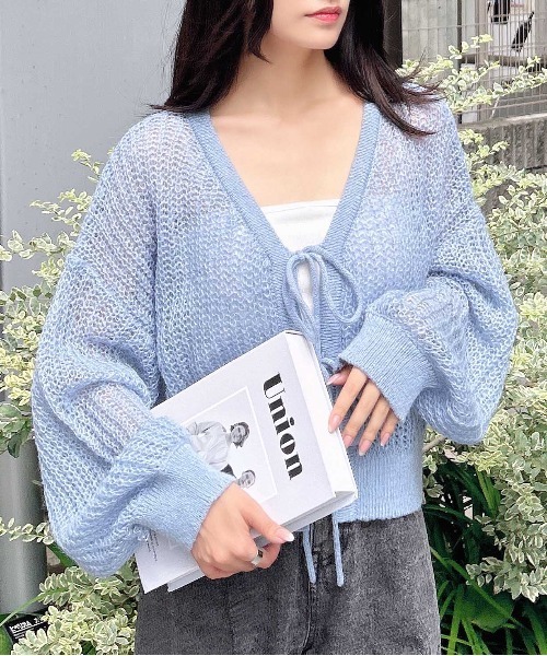 美品 インゲボルグ ニットリボンカーディガン モヘア Vネック 白 INGNI（イング） ニット セーター 「WEB限定」Vネックリボンボタン