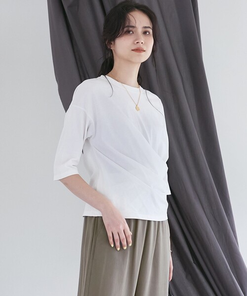 tシャツ 「SLOW/一部店舗限定」MVSコットン カシュクール 5分丈 Tシャツ レディース