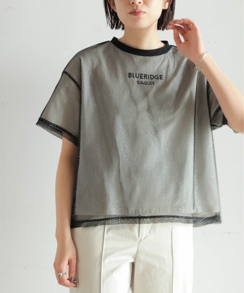 tシャツ ラメドットチュール　レイヤードプリントTEE レディース