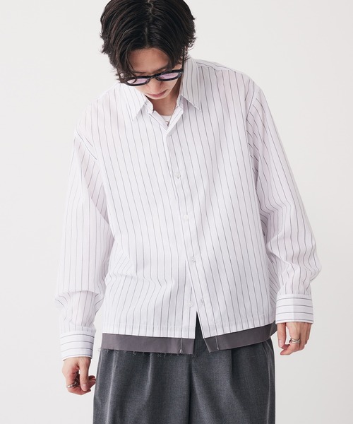 メンズ ストライプシャツ 長袖シャツ 英字プリント ルーズ a0736 Adoon plain シャツ Long Sleeve Layered Stripe Shirt