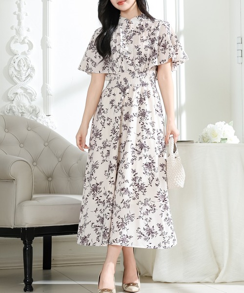 【大人シック】新品 社交ダンス モノトーン 花柄 ケープツーピースｂ453 Lace Ladies（レースレディース） ワンピース 花柄 スタンドカラー