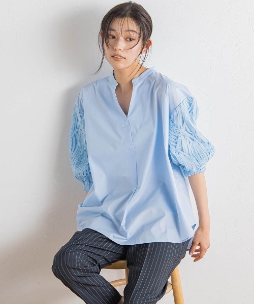ブラウス シャツ 袖刺繍レーススキッパー7分袖ブラウス「手洗い可能」 レディース