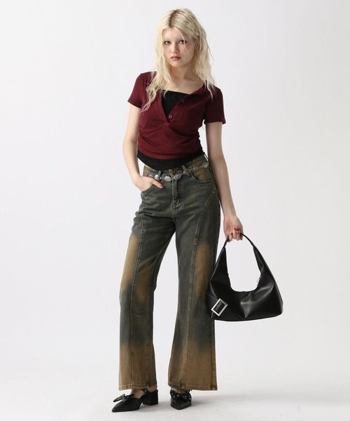 FOREVER21 tシャツ 「2025SS」レイヤード風スキッパーTシャツ