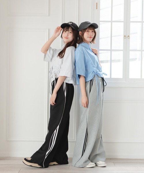 クールカレアン Femicite フェミシテ 異素材 ブラウス　ストライプ ブラウス シャツ くしゅくしゅストライプシャツ レディース