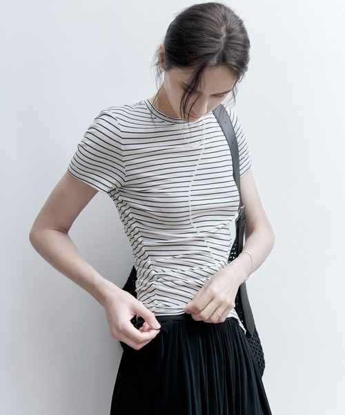 tシャツ 「tageechita」ステッチ入り アシンメトリーヘム Tシャツ・サマーウール レディース tageechita tシャツ 「tageechita」ステッチ入り アシンメトリー