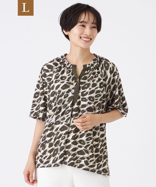 tシャツ 「L」「接触冷感」「UV対策」「マシンウォッシャブル」カモフラパンサーギャザープルオーバー レディース