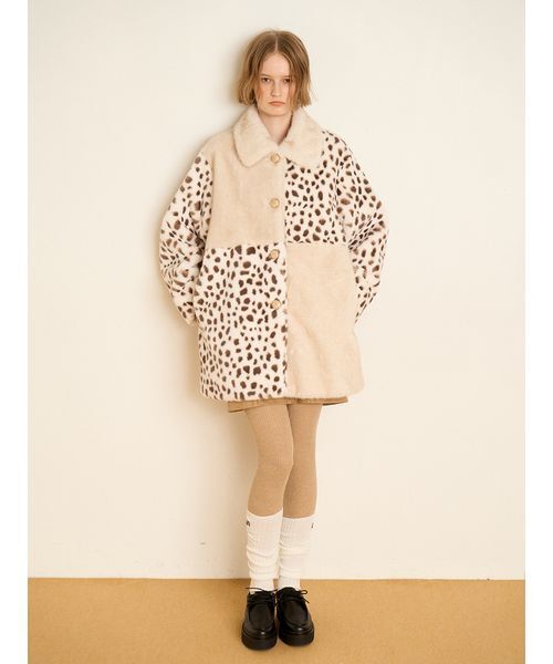 パッチワーク 毛皮風コート サイズ44 完売品 FURFUR ステンカラーコート コート パッチワークエコファー
