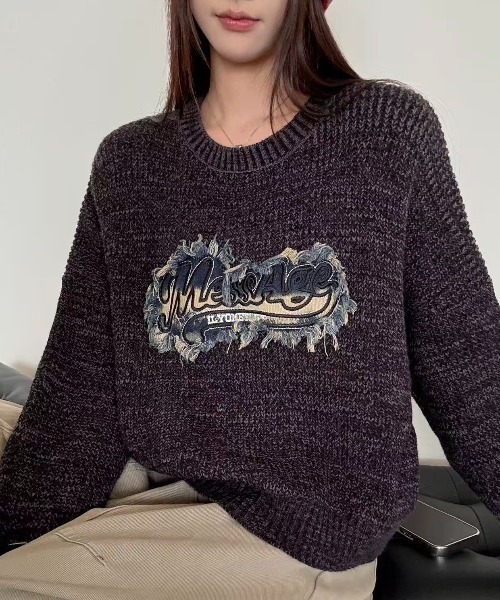 Sibra（シブラ） ニット セーター デニム風ワッペンニットトップス