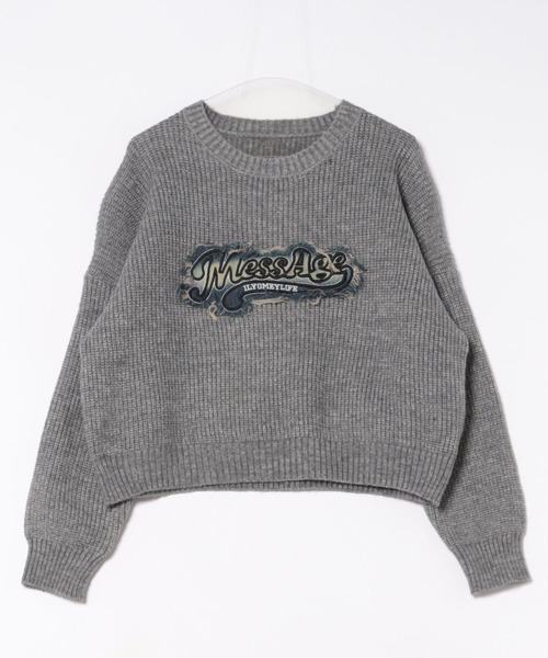 Sibra（シブラ） ニット セーター デニム風ワッペンニットトップス