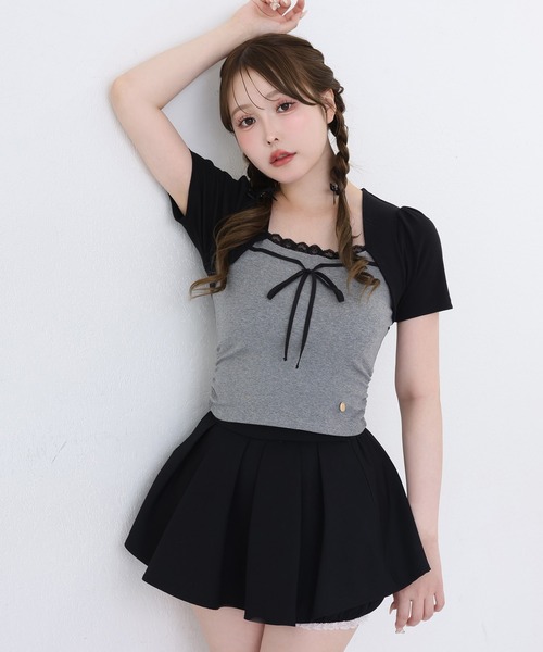 チュールレースの胸あき半袖ボレロ 黒 半袖 A/P one after another NICE CLAUP tシャツ 半袖 ボレロレイヤード風
