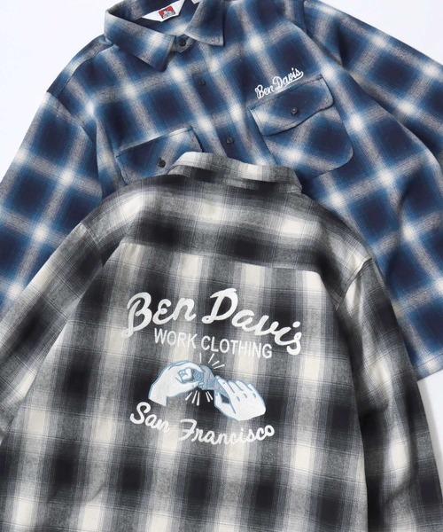 シャツ BEN DAVIS/ベンデイビス EMBRO OMBRE SHIRT/オーバーサイズ バックプリント刺繍 起毛 オンブレチェック フランネル長袖シャツ/ワークシャツ/レディ…