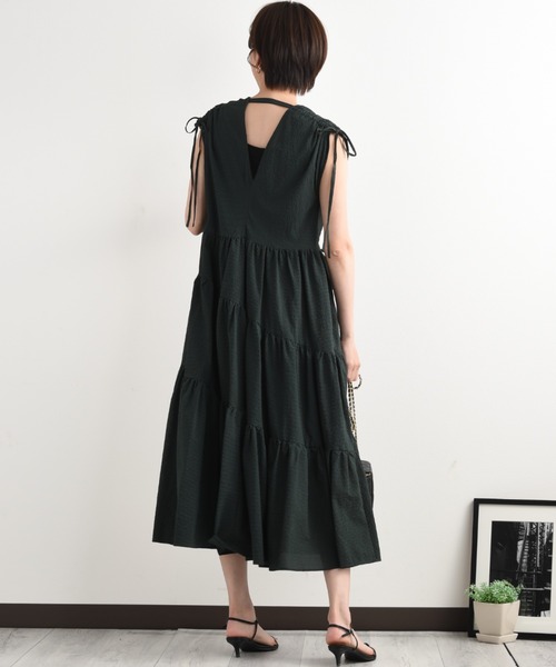 ティアード 長袖 ワンピース ドレス Vネック シアー感 きれいめ GRL - 【新品】Vネックシアーティアード 透け感ピンクの