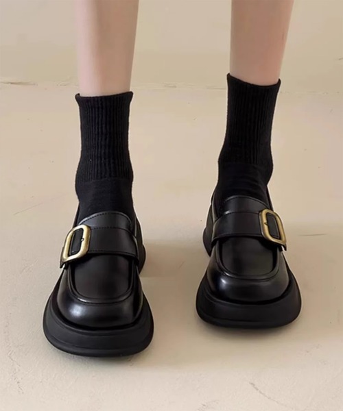 both バックル付き厚底ローファー ブラック LibertyDoll ローファー レディース 厚底 バックル ヒール 8cm