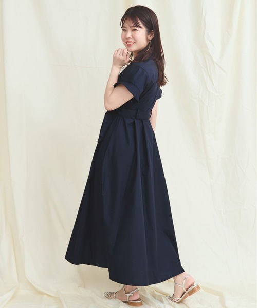 送料無料 刺繍 カシュクール タックプリーツ ワンピース 1135 ストライプカシュクールタックワンピース-short & regular
