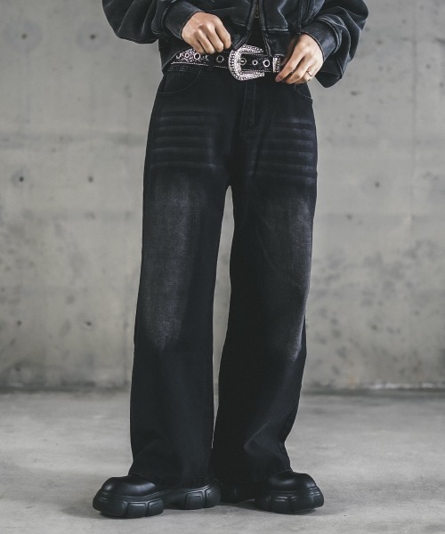 お洒落 ウォッシュド ブラック ワイド ストレートデニムジーンズ Shoowtime ジーンズ ワイドストレートヴィンテージ