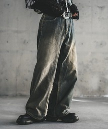 ジーンズ メンズ ウオッシュデニム シミター ストレート ジーンズ ハードブリーチ ワイドストレート デニムパンツ