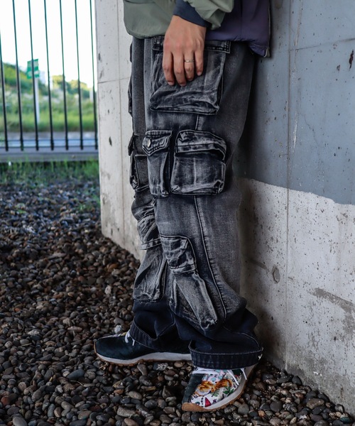Khaki & Blue ドローストリング バレルカーゴジーンズ Bling Leads カーゴパンツ Z)「BLINGLEADS」DENIM CARGO PANT