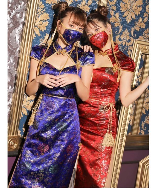 DAZZY コスプレ ハロウィン 龍鳳柄 ロング チャイナ ドレス 4点