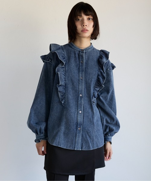 ブラウス シャツ Frill Denim Shirt　フリルデニムシャツ レディース