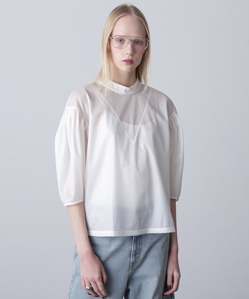 tシャツ (mici)VOLUME SLEEVE TRICOT CHIFFON TOP レディース