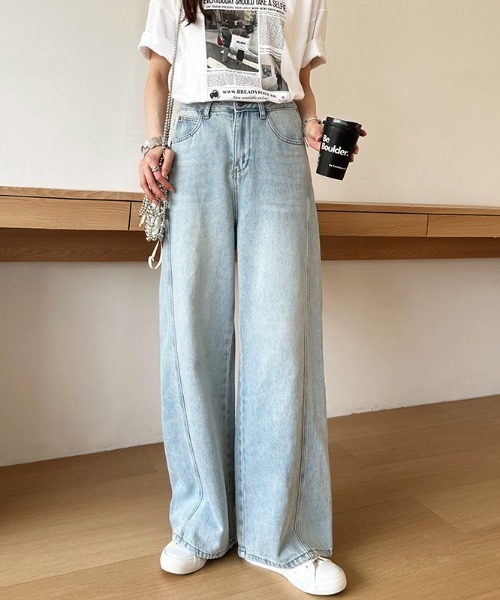 オシャレ ストライプ ワイド 切り替えデニムパンツ kz42001.jpg